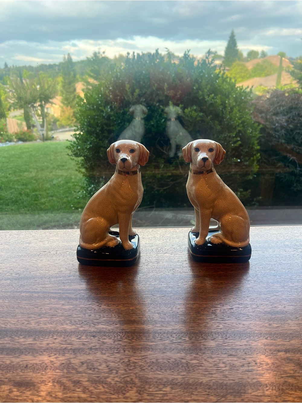 Takahashi Vintage Pair Ceramic Dogs, Tan on Black Base